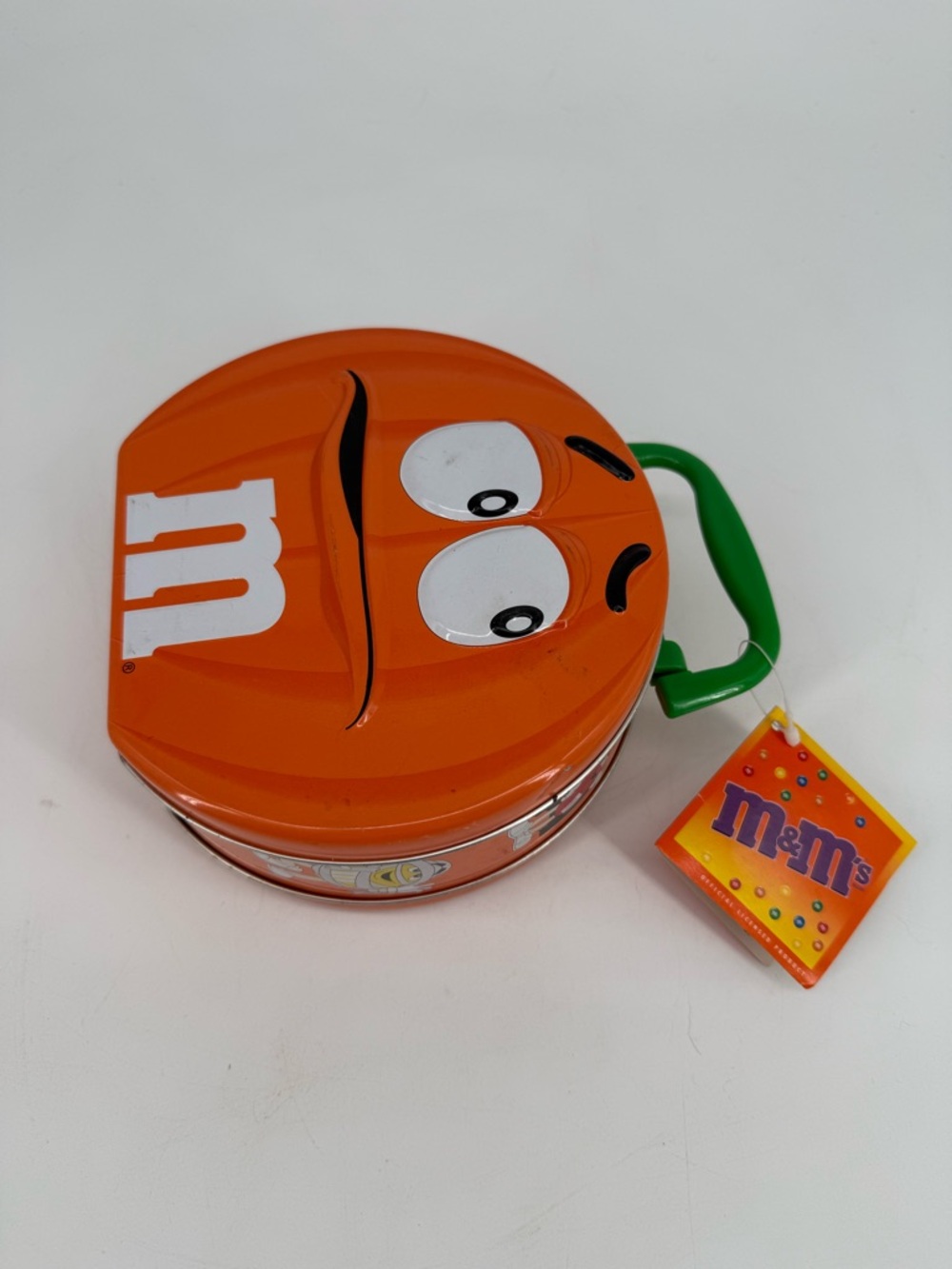 Vintage M&M'S Orange Character Tin Lunchbox with Green Handle